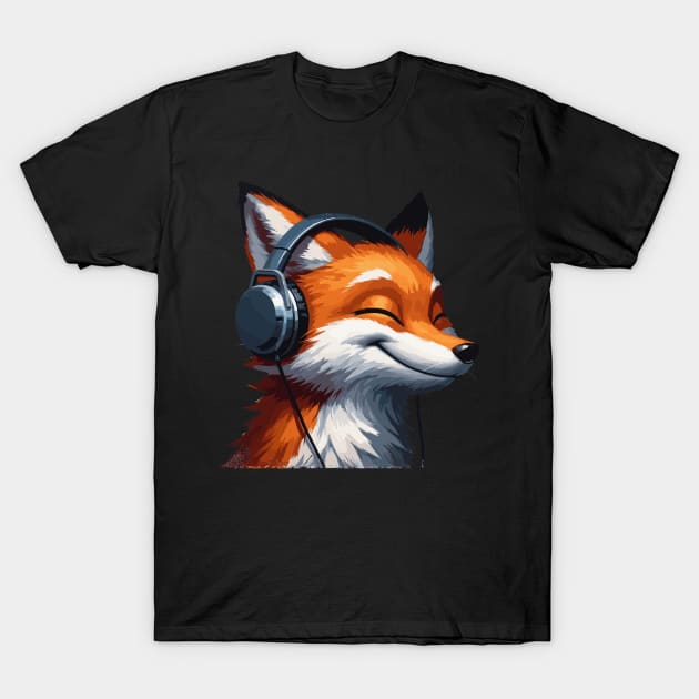 Smiling musical fox wearing headphones T-Shirt by TomFrontierArt